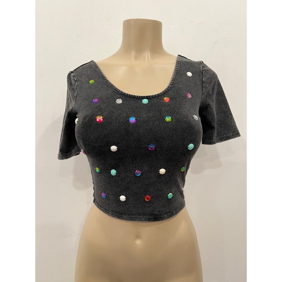 silence + noise Tops - Silence + Noise Crop Top Womens XS Black Acid Wash Embellished Rhinestone